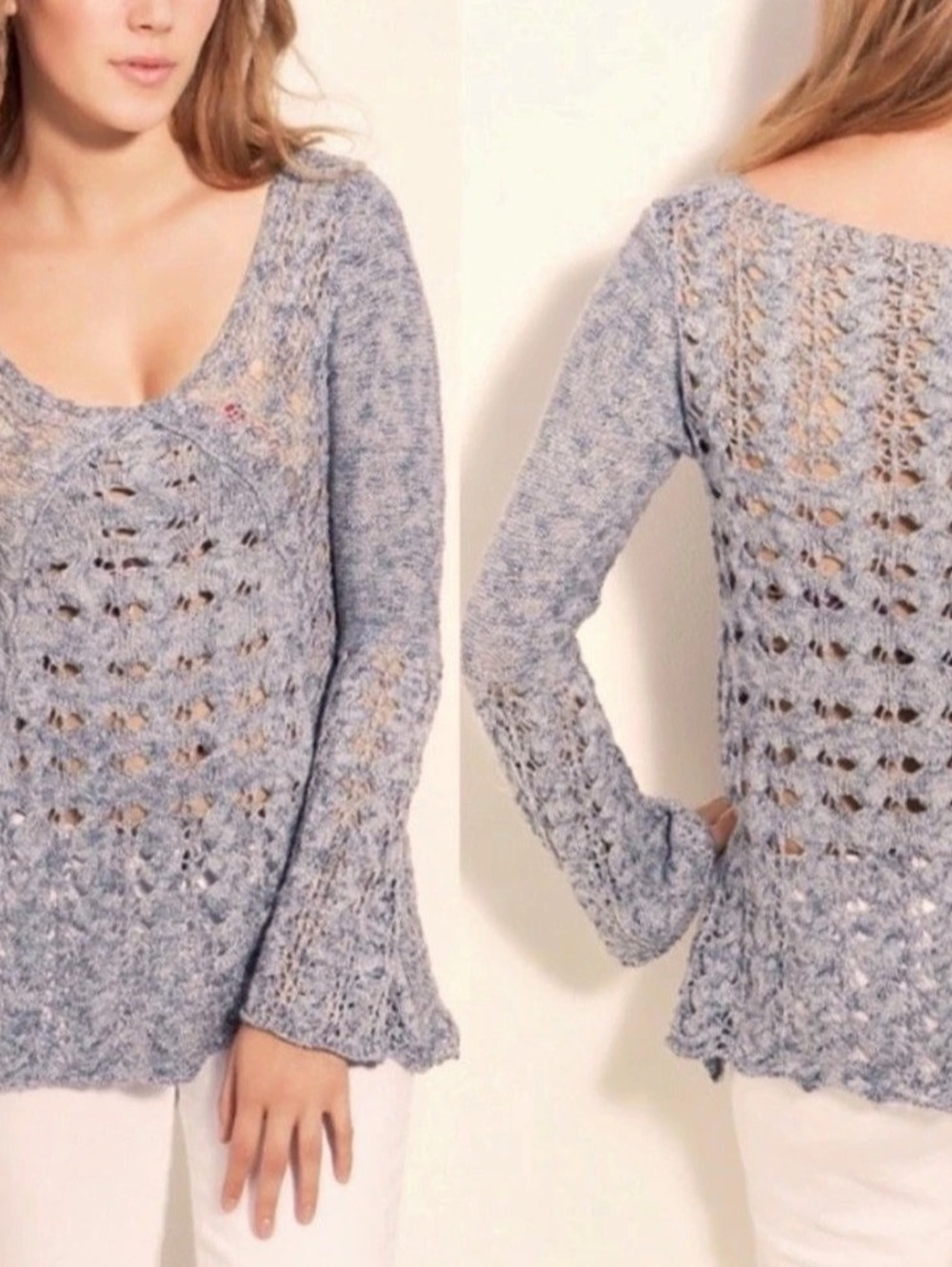 Free People Clockwork Crochet Bell Sleeve Tunic Sweater Storm Blue M